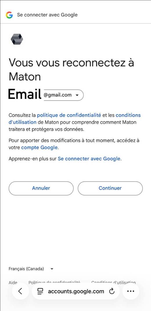 Écran Google : vous vous reconnectez à Maton