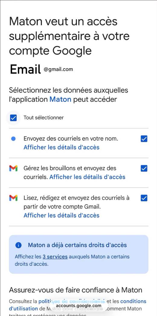 Écran Google : permissions demandées par Maton, première partie