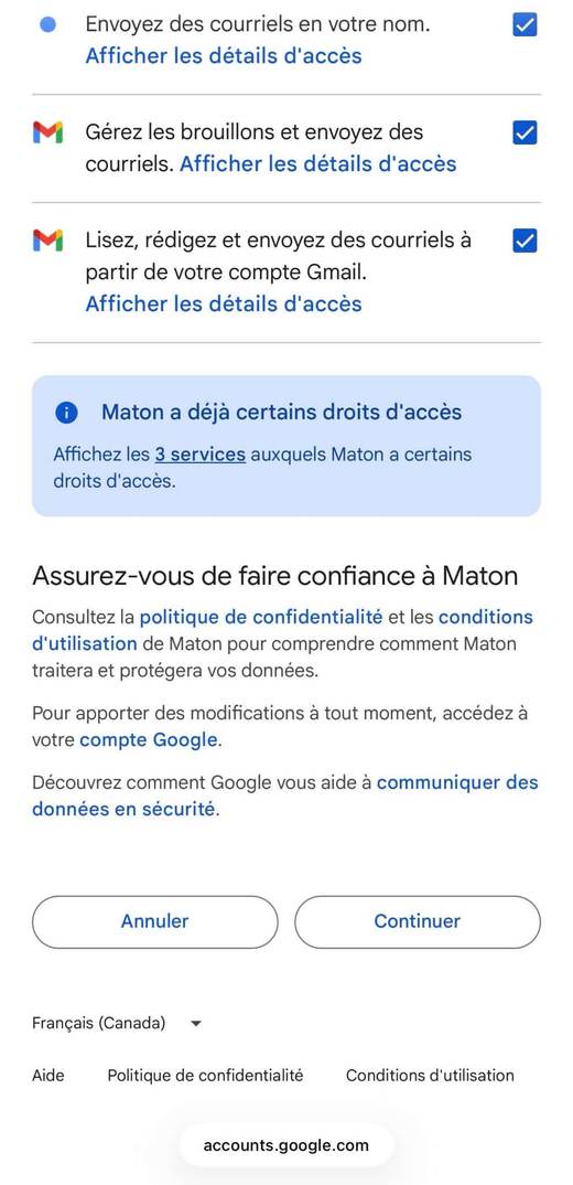 Écran Google : permissions, boutons Annuler et Continuer