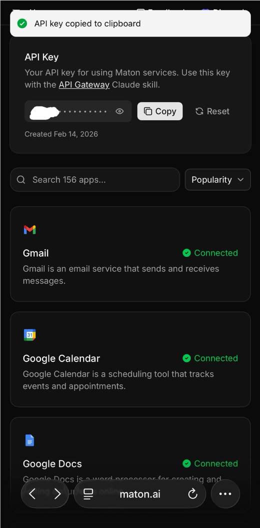 Tableau de bord Maton : clé copiée, Gmail connecté