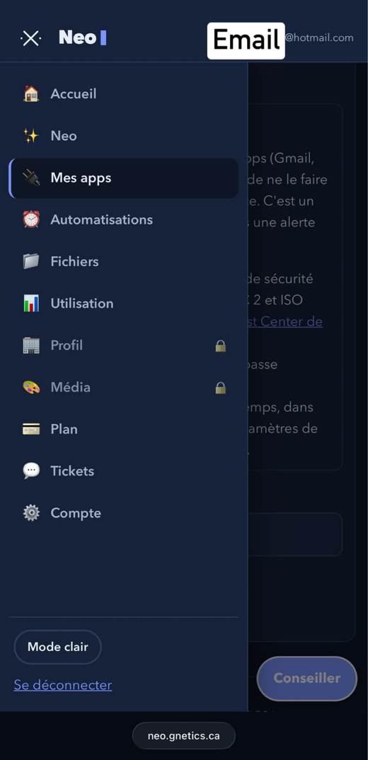 Menu de l'espace Neo
