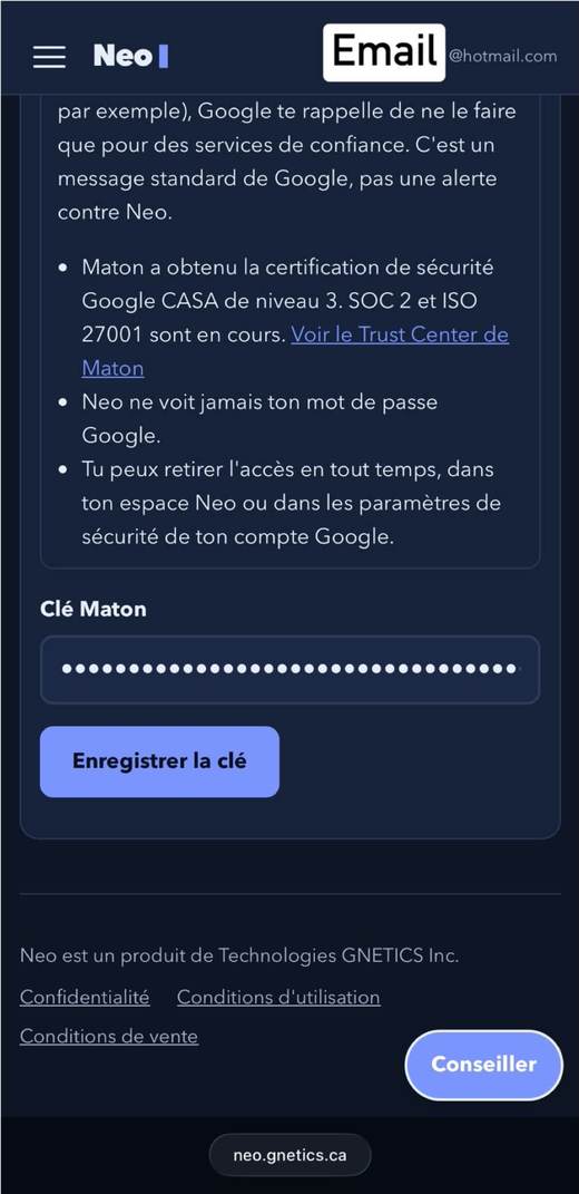 Champ Clé Maton dans l'espace Neo