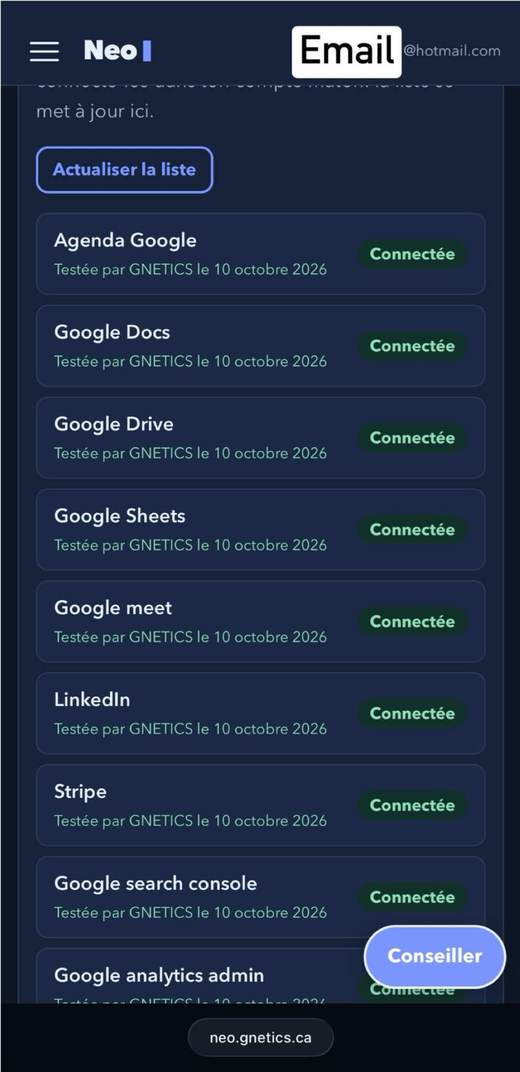Liste des apps connectées dans Neo