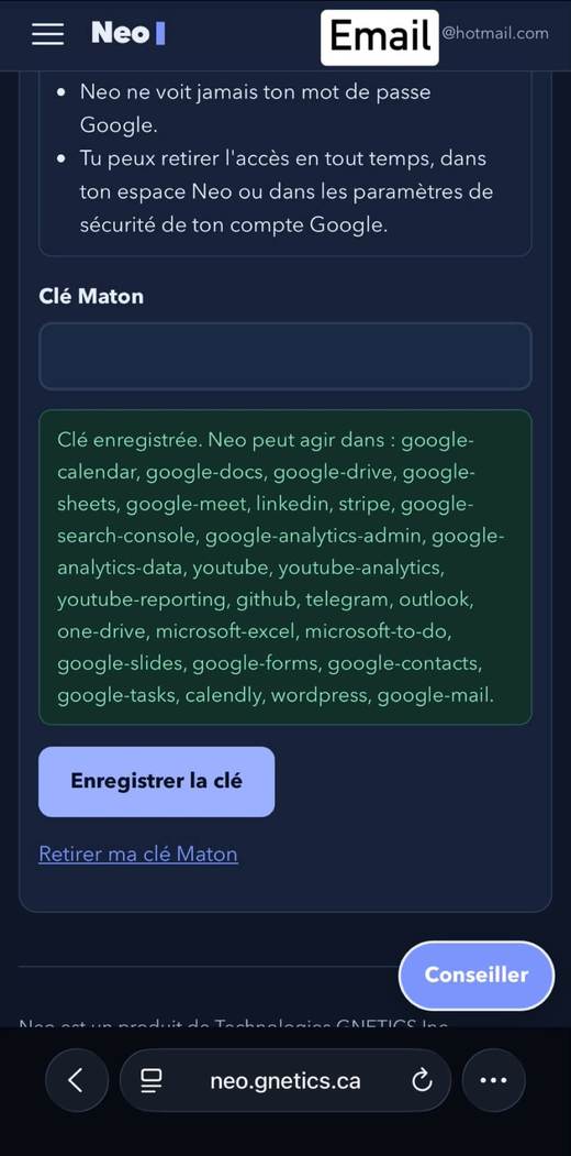 Message Clé enregistrée dans l'espace Neo